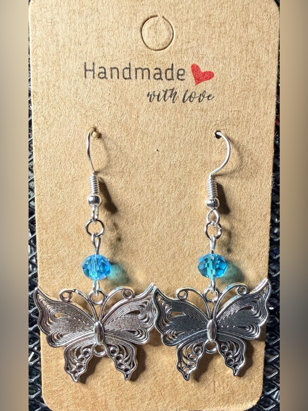 Handmade Silver Butterfly Drop Earrings with Blue Crystal Beads